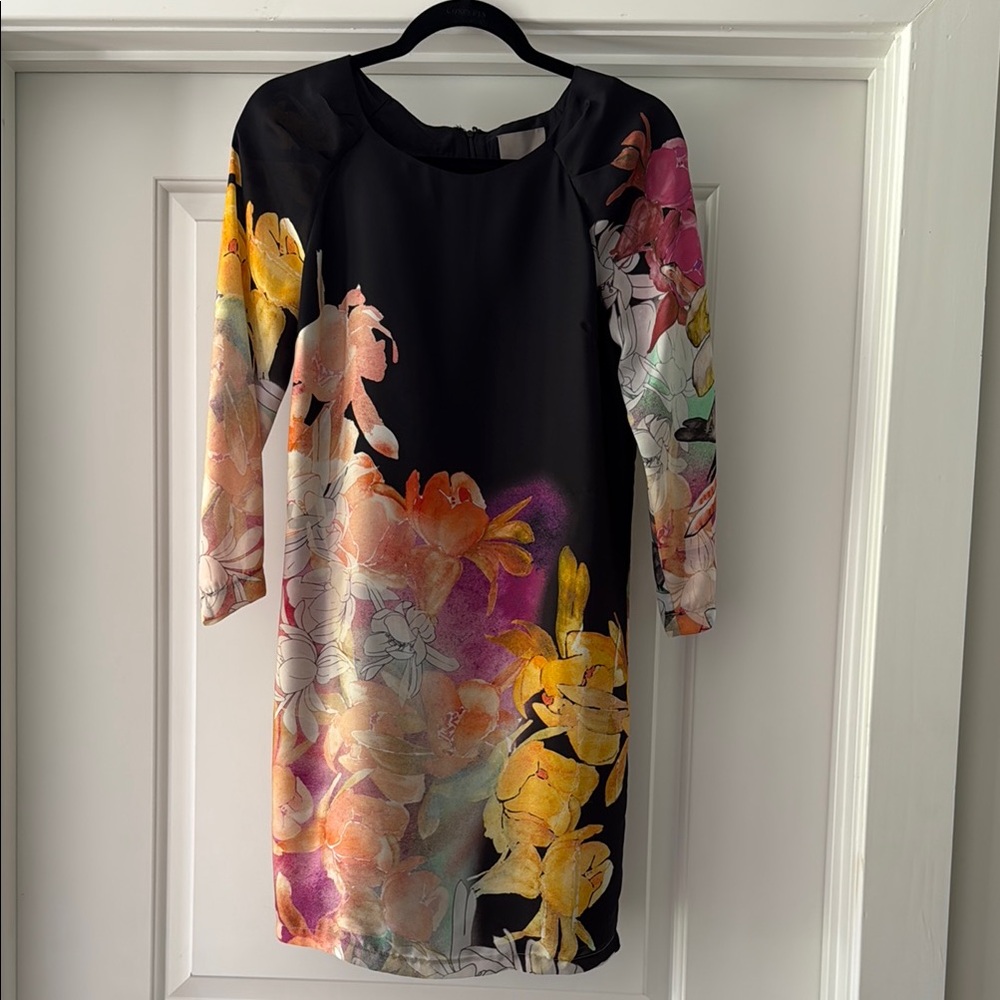 Aryn K Black and Yellow Asymmetrical Sheath Dress